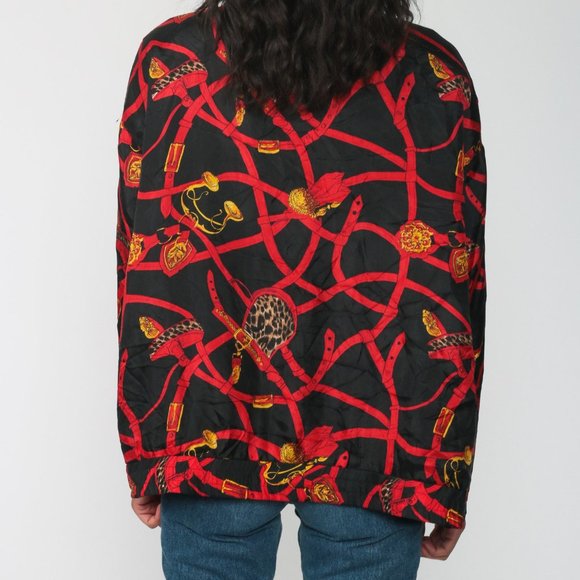 EVR Vintage 100% Silk Gold Accessories Gold Belts Print Red Zip Up Bomber Jacket - Picture 9 of 12